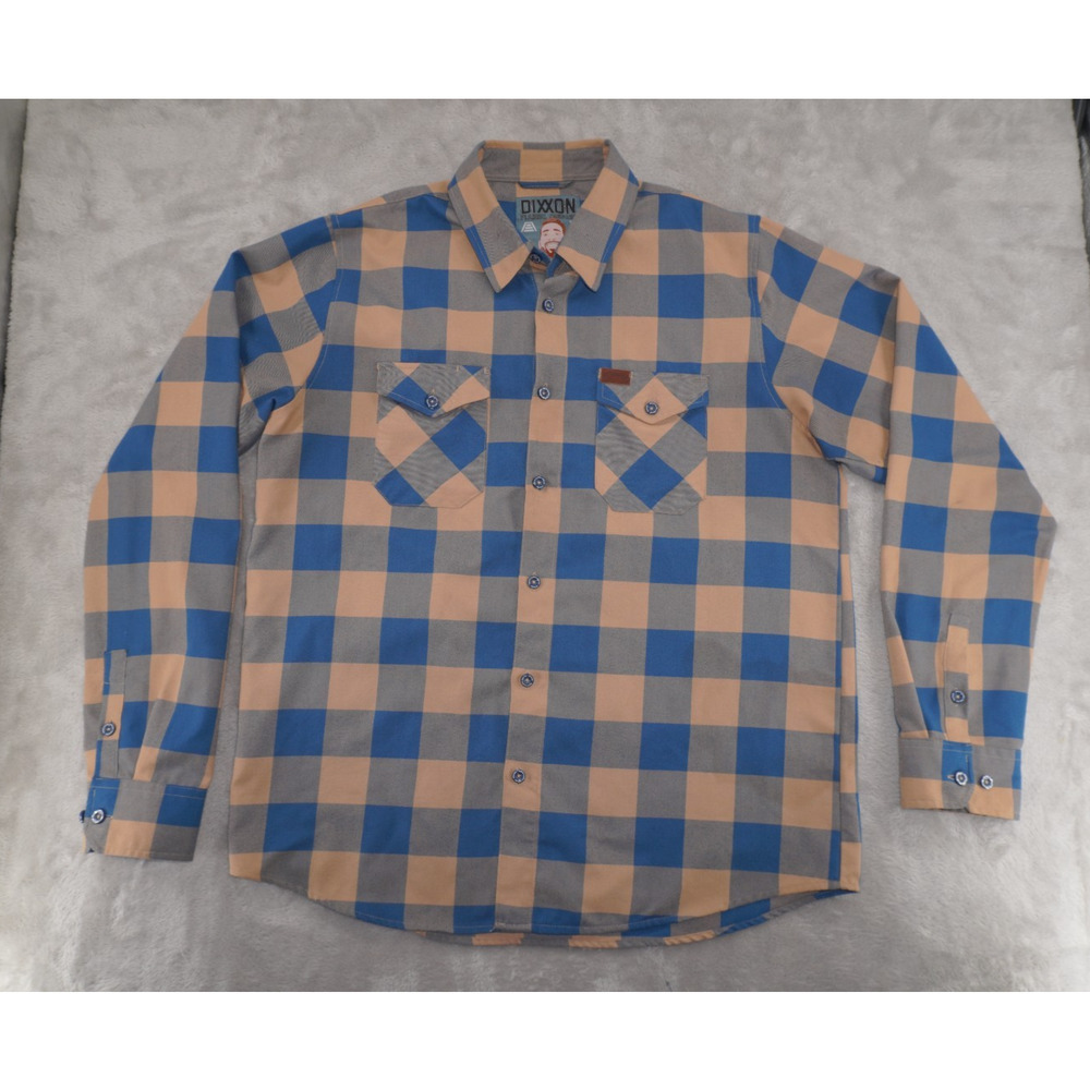 Dixxon Flannel Company Plaid Button Up Shirt Mens XLT Long Sleeve Tan Blue